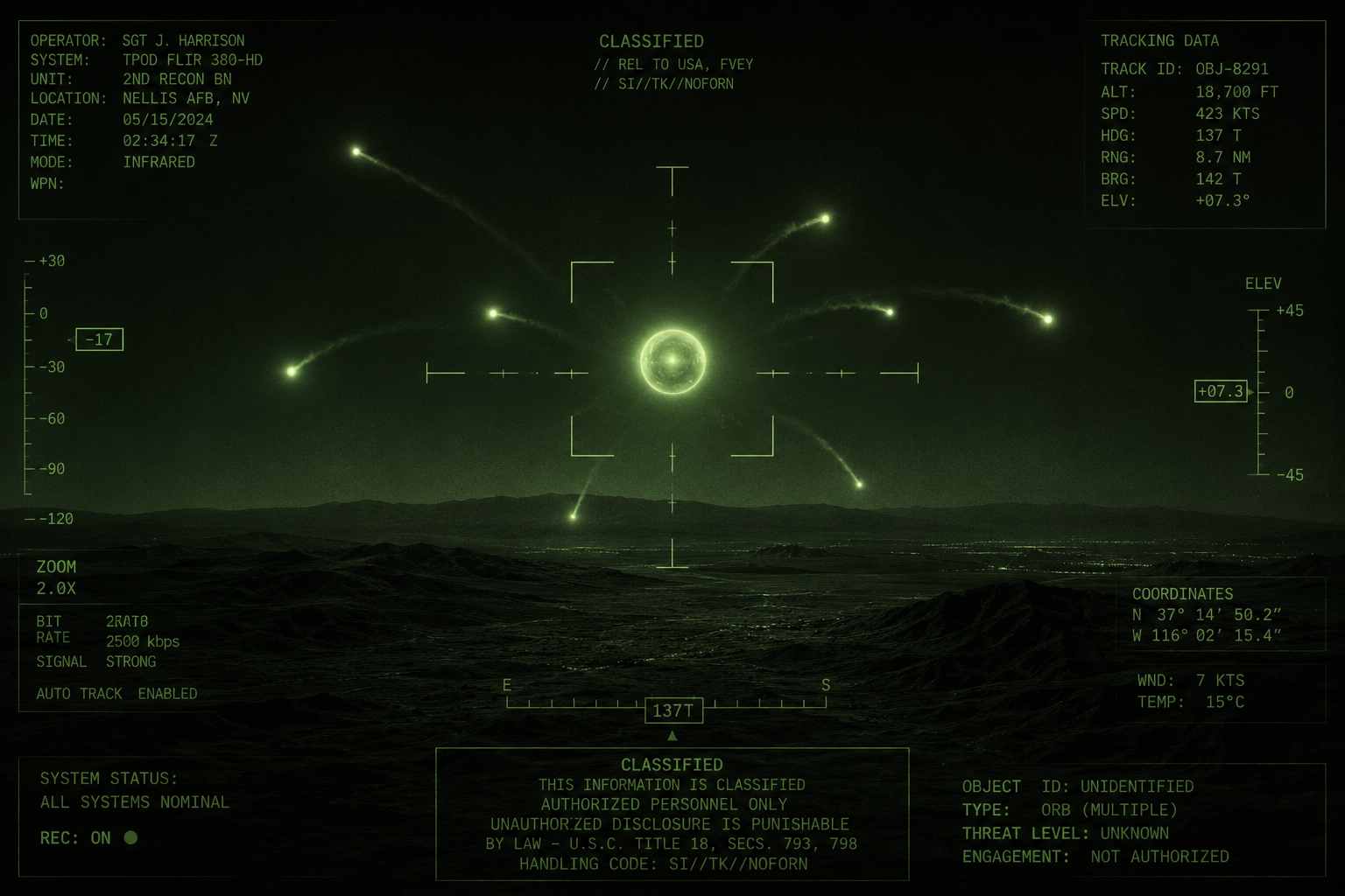 Military infrared targeting display showing UAP orbs over desert landscape with smaller orbs launching from central object