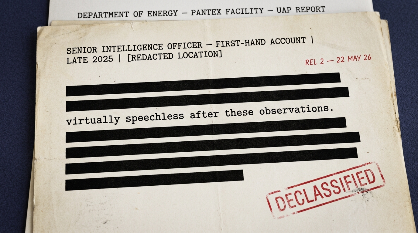Close-up of a partially declassified government intelligence document showing a senior intelligence officer first-hand account from late 2025 with the phrase virtually speechless after these observations visible and a PANTEX nuclear facility UAP report partially visible beneath it from the Pentagon second UAP file release May 22 2026