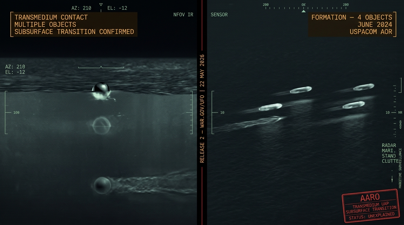 Military infrared sensor display composite showing transmedium UAP spheres entering the ocean surface near a submarine on the left panel and four oblong UAP objects in formation over open ocean in June 2024 on the right panel from the Pentagon second UAP file release May 22 2026