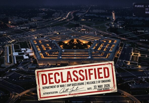 Close-up of a partially declassified government intelligence document showing a senior intelligence officer first-hand account from late 2025 with the phrase virtually speechless after these observations visible and a PANTEX nuclear facility UAP report partially visible beneath it from the Pentagon second UAP file release May 22 2026