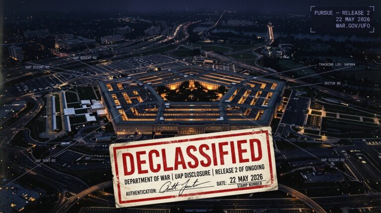 Close-up of a partially declassified government intelligence document showing a senior intelligence officer first-hand account from late 2025 with the phrase virtually speechless after these observations visible and a PANTEX nuclear facility UAP report partially visible beneath it from the Pentagon second UAP file release May 22 2026