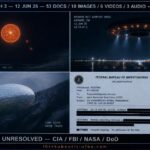 Dossier-style four-quadrant briefing mosaic illustrating key sightings from PURSUE Batch 3 including an orange mother orb with red satellites a hollow-centered disc over Harare an opalescent fish-scale object near Cheyenne Mountain and an FBI red sphere sketch