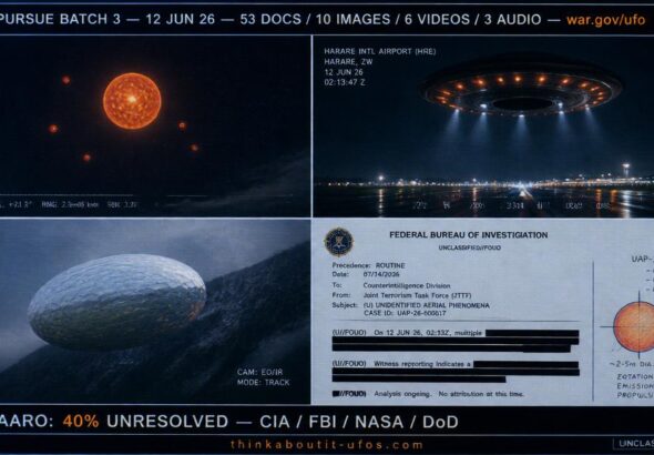 Dossier-style four-quadrant briefing mosaic illustrating key sightings from PURSUE Batch 3 including an orange mother orb with red satellites a hollow-centered disc over Harare an opalescent fish-scale object near Cheyenne Mountain and an FBI red sphere sketch