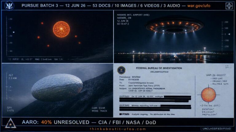 Dossier-style four-quadrant briefing mosaic illustrating key sightings from PURSUE Batch 3 including an orange mother orb with red satellites a hollow-centered disc over Harare an opalescent fish-scale object near Cheyenne Mountain and an FBI red sphere sketch