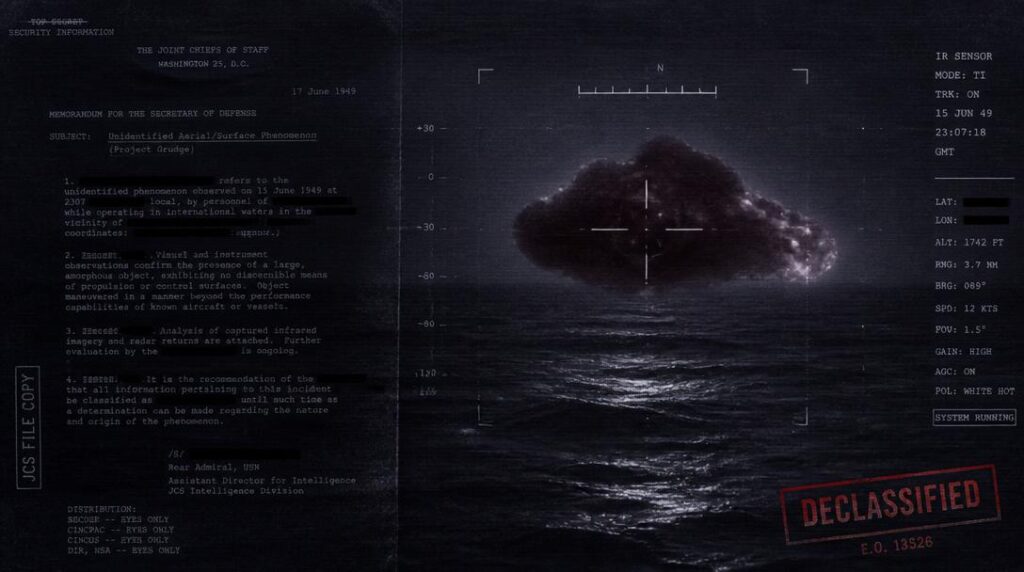 Declassified 1949 Los Alamos green fireball memo overlaid with infrared footage of a floating brain UAP over the Atlantic Ocean