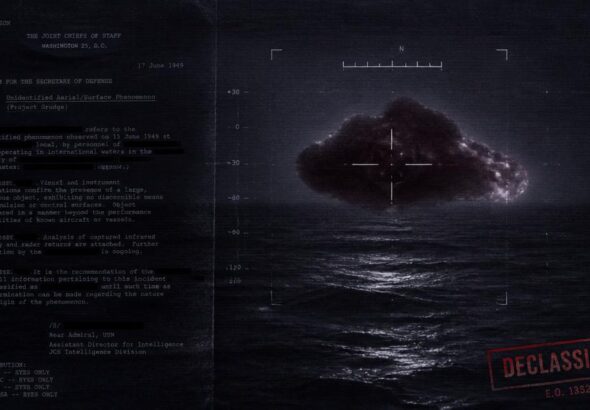 Declassified 1949 Los Alamos green fireball memo overlaid with infrared footage of a floating brain UAP over the Atlantic Ocean