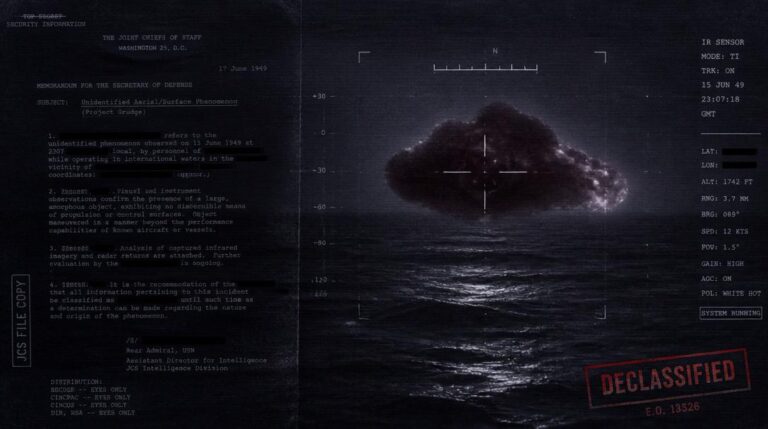 Declassified 1949 Los Alamos green fireball memo overlaid with infrared footage of a floating brain UAP over the Atlantic Ocean
