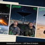 Three-panel dossier illustration of the fifth UAP disclosure showing a gunship infrared sensor view, a silent triangle over Bagram, and a federal agent's handheld infrared capture