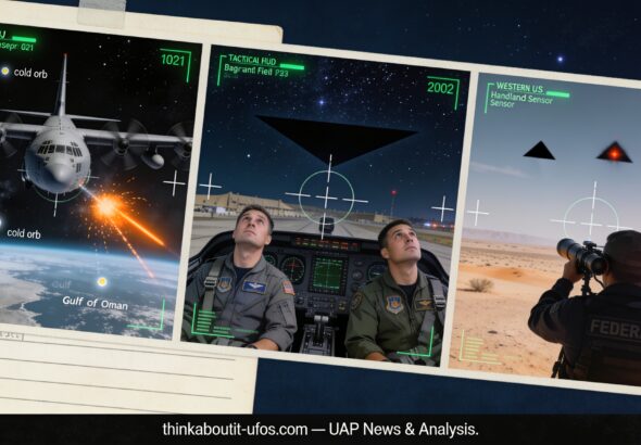 Three-panel dossier illustration of the fifth UAP disclosure showing a gunship infrared sensor view, a silent triangle over Bagram, and a federal agent's handheld infrared capture