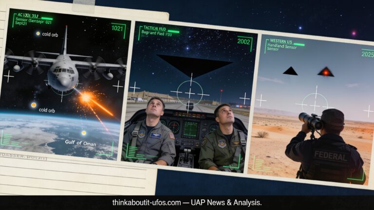 Three-panel dossier illustration of the fifth UAP disclosure showing a gunship infrared sensor view, a silent triangle over Bagram, and a federal agent's handheld infrared capture