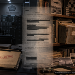Split illustration of a Pentagon records office and a private New Mexico UFO archive, representing AARO's bid to access NUFOHRC's historical files