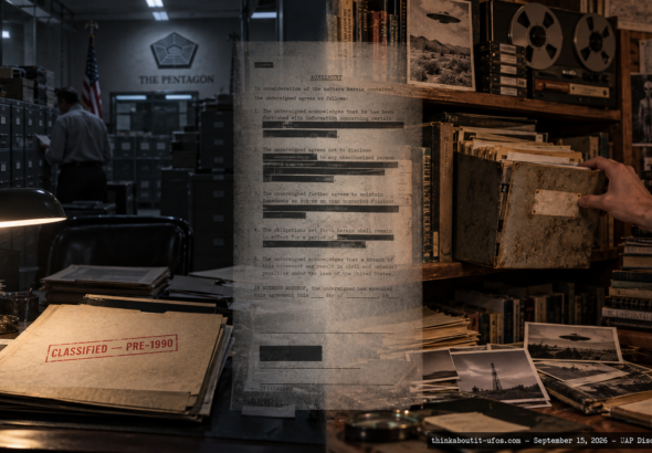 Split illustration of a Pentagon records office and a private New Mexico UFO archive, representing AARO's bid to access NUFOHRC's historical files