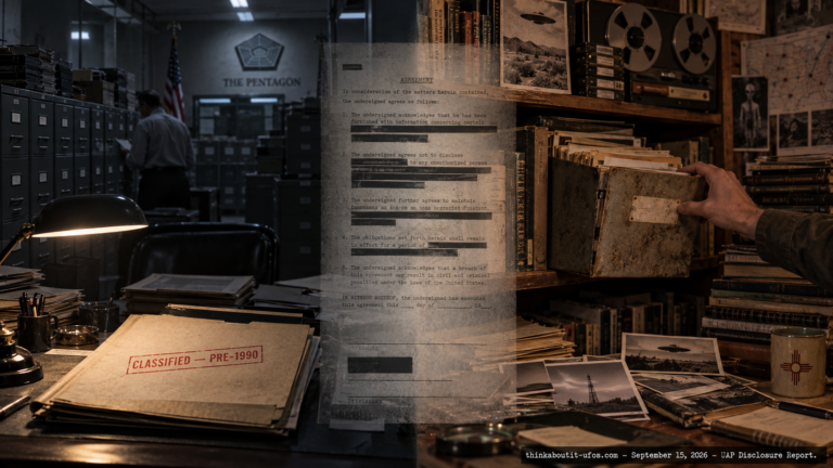 Split illustration of a Pentagon records office and a private New Mexico UFO archive, representing AARO's bid to access NUFOHRC's historical files