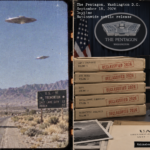 Split illustration showing the 1952 Tremonton Utah UFO film alongside a 2026 Pentagon declassification press event for the sixth PURSUE UAP file release