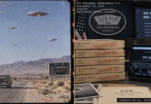 Split illustration showing the 1952 Tremonton Utah UFO film alongside a 2026 Pentagon declassification press event for the sixth PURSUE UAP file release