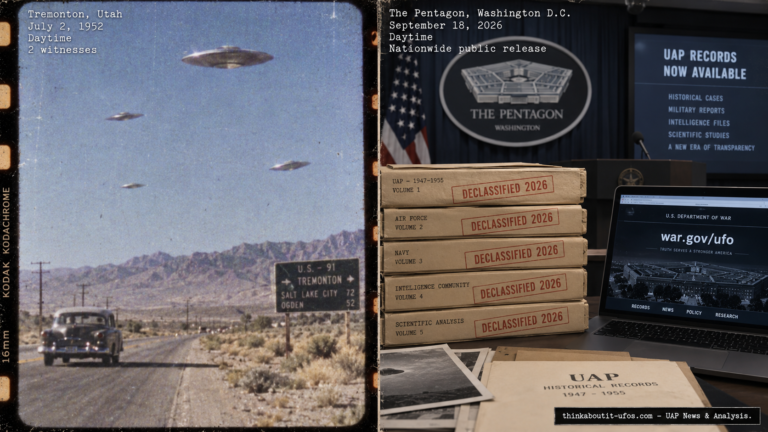 Split illustration showing the 1952 Tremonton Utah UFO film alongside a 2026 Pentagon declassification press event for the sixth PURSUE UAP file release
