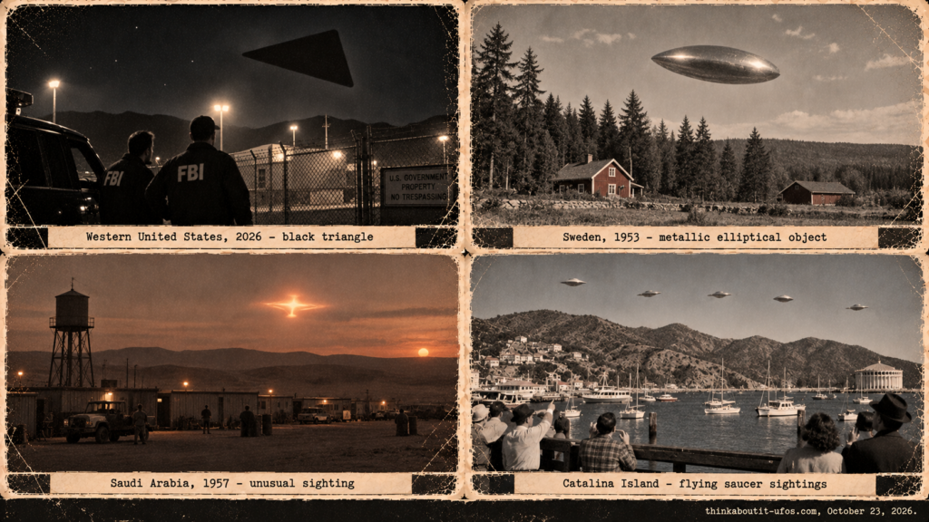 Collage of four vintage-style panels: a black triangle over a Western US site (2026), a metallic elliptical object over Sweden (1953), a Saudi Arabia sighting (1957) and saucers over Catalina Island.