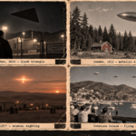 Collage of four vintage-style panels: a black triangle over a Western US site (2026), a metallic elliptical object over Sweden (1953), a Saudi Arabia sighting (1957) and saucers over Catalina Island.