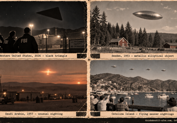 Collage of four vintage-style panels: a black triangle over a Western US site (2026), a metallic elliptical object over Sweden (1953), a Saudi Arabia sighting (1957) and saucers over Catalina Island.